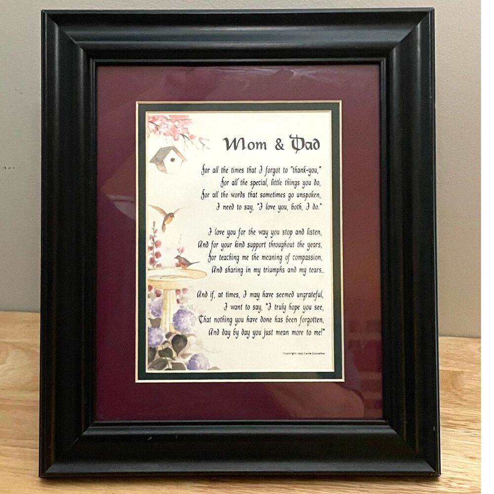 Vintage 1995 Mom & Dad Framed Poem Genie Gravelline Bird Floral Wall Art